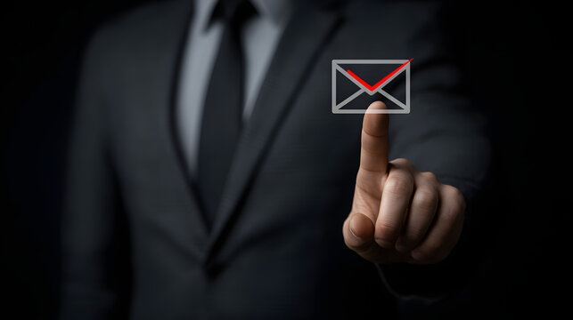 Businessman Interacting with Email Icon Digital Communication Strategy Virtual Interface Email Marketing Solutions Online Connection Business Technology Advancement Email Engagement Concept
