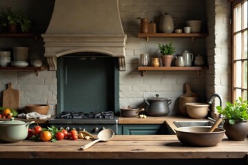 A rustic kitchen with wooden countertops and vintage cookware, ready for cooking , texture, worn