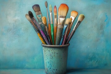 Artistic paintbrushes in a vintage pot