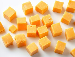 Assorted Square Cheese Cubes on a White Surface, Perfect for Culinary Uses and Healthy Snacking for Gourmet Chefs and Food Enthusiasts Alike
