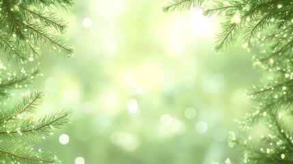 Bright green pine branches festive holiday background image eco card tree leaf soft light bokeh decor