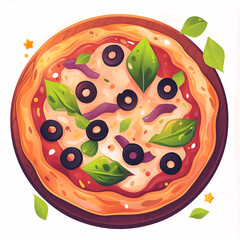 Colorful Cartoon Pizza with Toppings – Tasty Italian Food Illustration