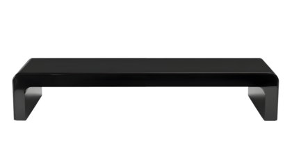 Sleek, rectangular black bench with subtly curved ends and a minimalist design
