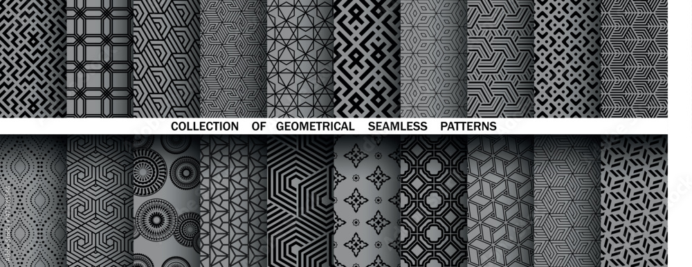Poster Geometric set of seamless black and gray patterns. Simple vector graphics