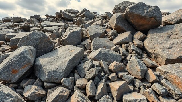 Steinige Gebirgslandschaft mit imposanten Felsformationen, leichter Nebel im Tal, nat&uuml;rliche Sch&ouml;nheit in hoher Aufl&ouml;sung.