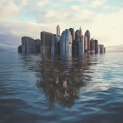 Fototapeta premium Urban skyline submerged in water with reflective surfaces at twilight Generative AI