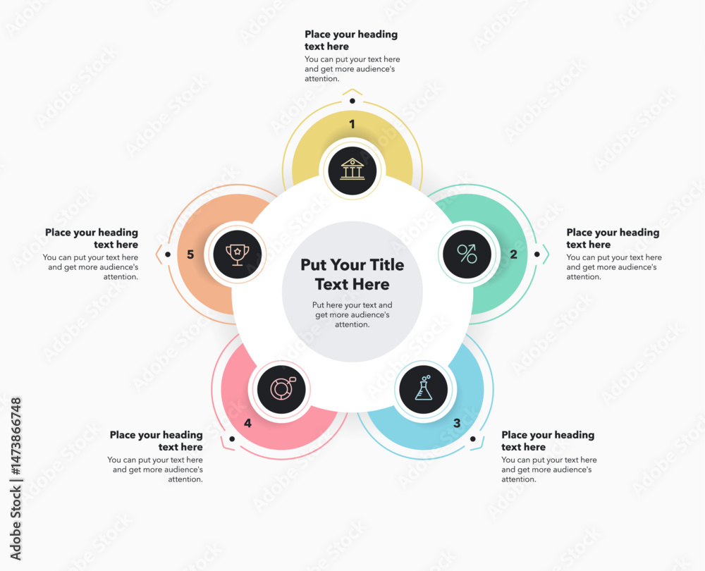 Leinwandbilder Circular process diagram with five colorful options. Modern infographic design with numbers and minimalistic icons for website or data presentation.