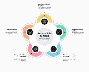 Circular process diagram with five colorful options. Modern infographic design with numbers and minimalistic icons for website or data presentation.