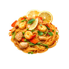 Shrimp Chicken and Vegetable Stir Fried Noodles Garnished with Lemon Slices on Transparent Background Perfect for Culinary Projects Clip Art