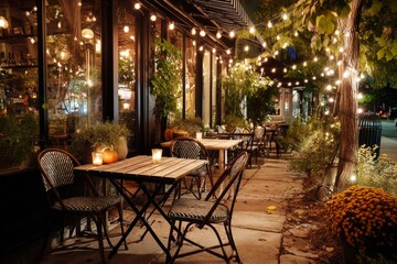 Fototapeta premium Cozy cafe patio with bistro tables and string lights.