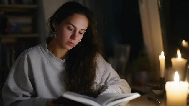 Young woman reading book at home with flashlight and candle during blackout - Power outage concept - Model by AI generative 
