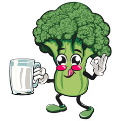 Cute broccoli vegatable vektor illustration mascot character carrying a large glass of milk, work of hand drawn