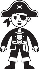 Cartoon illustration of a friendly pirate in black and white attire smiling