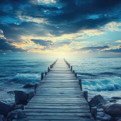 Fototapeta premium Serene wooden pier at sunset over the ocean