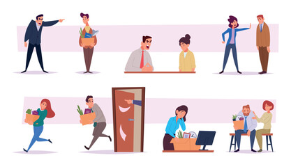 Dismissals people. Sad managers unemployed on work exact vector angry screaming bosses