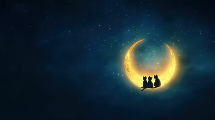 Naklejka premium Three felines sit crescent moon, starry night.