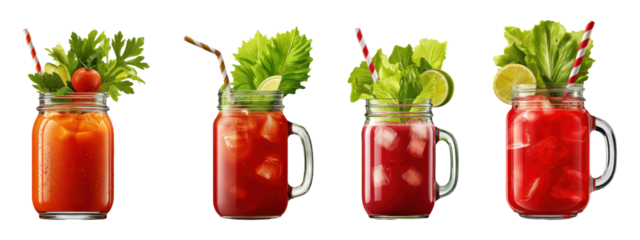 Set of Bloody Mary cocktails with garnish in mason jars, isolated on transparent background
