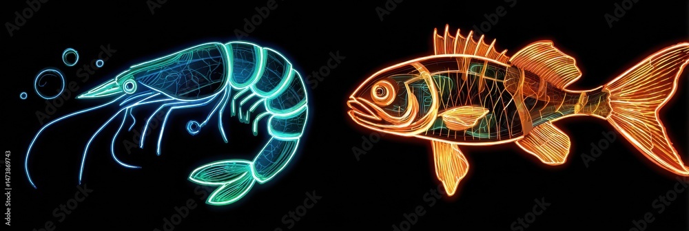 Poster stylized neon outlines of shrimp and fish glowing against a dark background create a vibrant aquatic