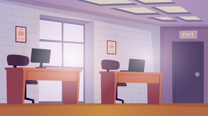 Office interior. open space working places with tables and computers in business center