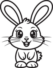 Adorable black and white cartoon illustration of a friendly easter bunny with big eyes