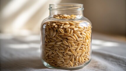 A glass jar filled with unhulled grains sits on a sunlit surface, highlighting their golden color...