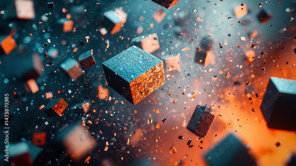 Poster realistic 4k 3d background featu fragmented metallic cubes and elements floating in abstract space, 