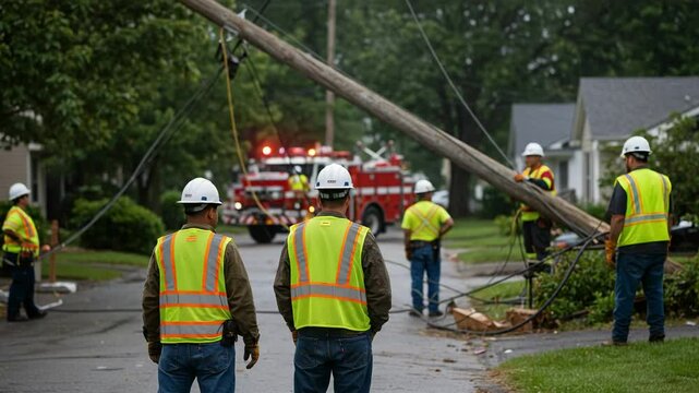 Emergency Response Team of Male Utility Workers in Yellow Safety Vests Addressing a Downed Power Pole on a Residential Street with Fire Trucks in Background