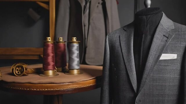 Gray suit display on mannequin in tailor shop