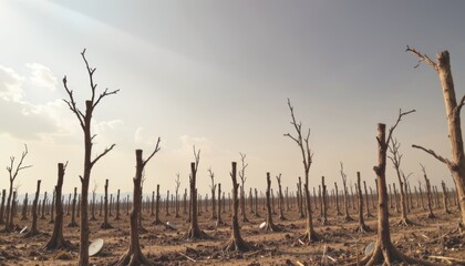 Desolate landscape with barren trees under a cloudy sky.