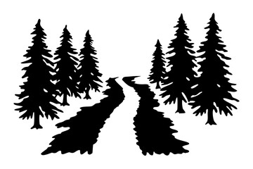 Fototapeta premium Silhouette of Hiking Trail Through Dense Trees, Forest Hiking Path, Nature Trail Silhouette, Woodland Hiking Scene, Transparent Background