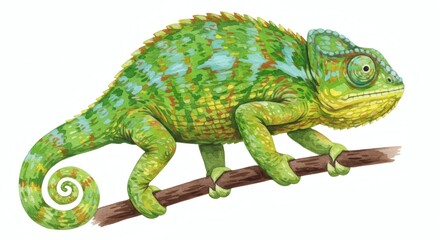 Obraz premium Watercolor chameleon perches on a branch