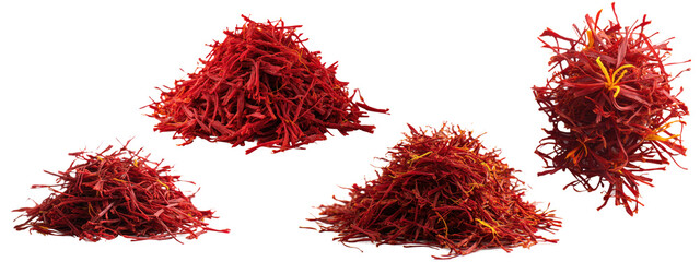 Naklejka premium Set of saffron spice piles in various colors, isolated on transparent background