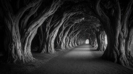 Dark and Mysterious Forest Path with Ancient Gnarled Trees