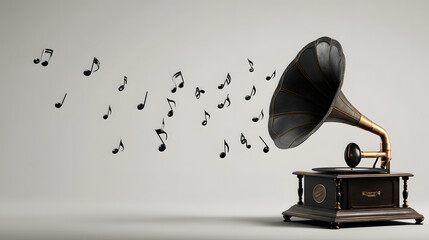 Vintage Gramophone with Floating Music Notes Isolated Antique Phonograph Sound Illustration Musical Heritage Nostalgic Art Unique Audio Device
