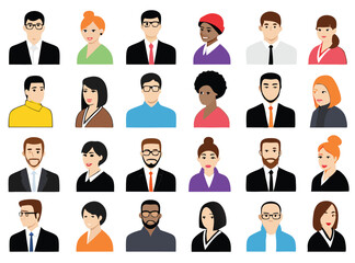 People Icons Set. Team Concept. Diverse business men and women avatar icons. Vector illustration of flat design people characters.