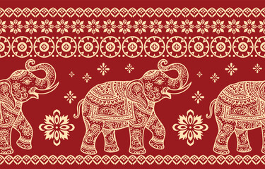 Seamless Pattern Tribal Ethnic indian Elephant pattern, Thai elephant, paisley and hamsa. Ethnic indian elephant background Hand drawn illustration. Wallpaper, cloth design, fabric, tissue, carpet