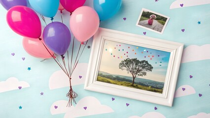 Beautiful happy birthday card with balloons and empty photo frame