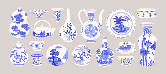 Chinese ceramics set. Vintage oriental pottery with blue and white ornaments, patterns, Asian drawings. China porcelain, ancient old dishware, plates, cups, vases. Isolated flat vector illustrations