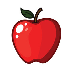 Fototapeta premium A Bright red Cartoon Apple with a Fresh Leaf and Stem, Illustrated with a Glossy Finish on a White Background 
