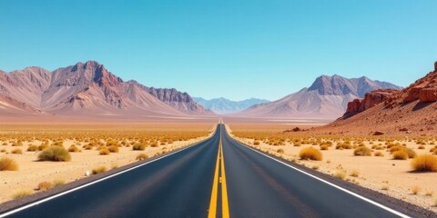 Fototapeta premium Endless Asphalt Path Through a Desolate, Mountainous Landscape Under a Vivid Azure Sky