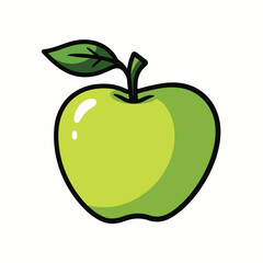 A Bright Green Cartoon Apple with a Fresh Leaf and Stem, Illustrated with a Glossy Finish on a White Background
