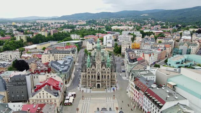 Bird&rsquo;s-eye perspective of Czech city Liberec with mountains, historical skyline