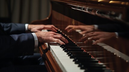Fototapeta premium A pianist playing beautiful piano and his reflection