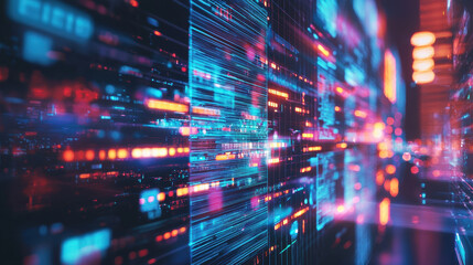 Obraz premium Futuristic digital cityscape with vibrant neon lights and data streams creating dynamic atmosphere