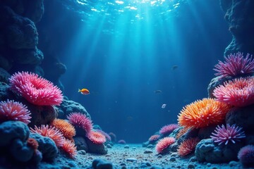 Sunbeams Illuminate Vibrant Coral Reef Ecosystem with Colorful Sea Anemones and Small Fish