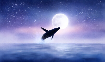 Fototapeta premium a massive whale breaching out of the ocean, mid-air with water splashing all around, dramatic lighting and powerful motion, deep blue sea and sky in the background. generative ai