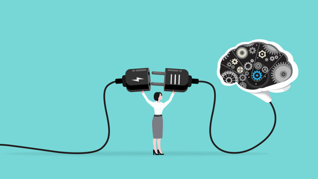 turn on AI technology brain, work with AI, Augmented intelligence, human intelligence enhance, AI human support concept, businesswoman connect plug with AI brain idea to power socket concept