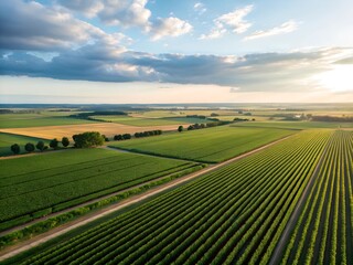 Wide drone shoot of agricultural field in countryside. Beautiful agriculture landscape. A large field of corn is shown from above, with a road running through it.