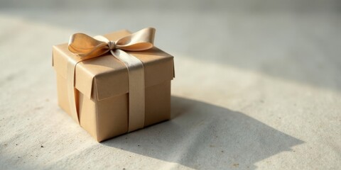 A small, elegantly wrapped gift box with a delicate beige ribbon, resting gently on a textured surface, bathed in soft, natural light