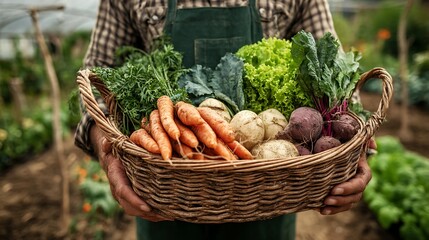 Farmer proudly holding a basket of freshly harvested vegetables
